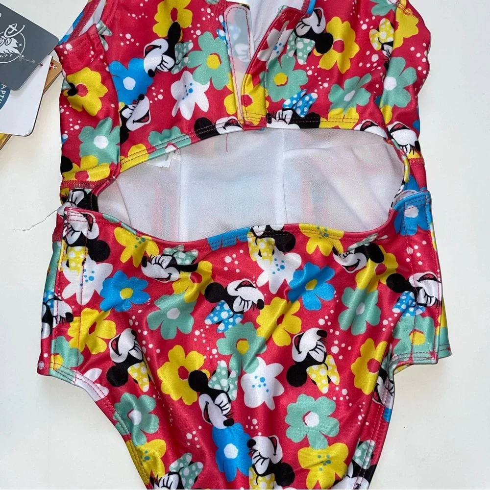 Disney Girls Red Floral Minnie One-Piece Swimsuit with Blue Bow